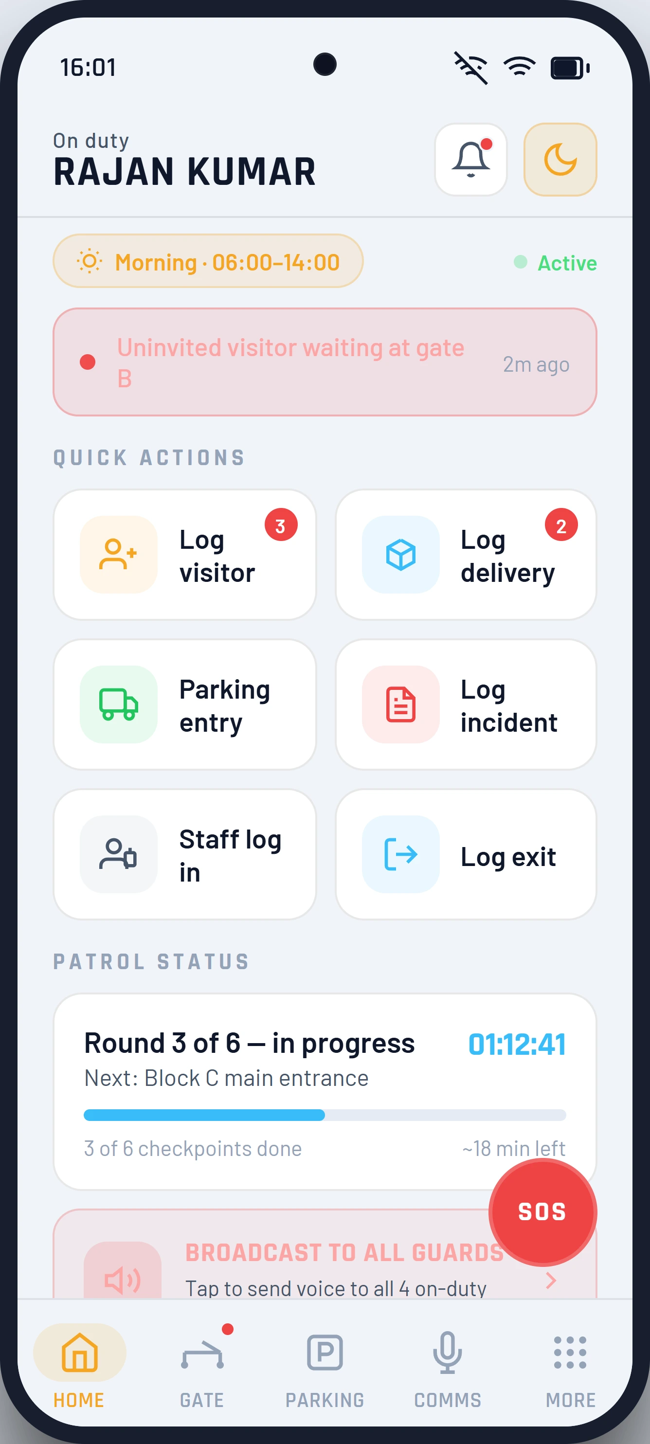 Guard app: home screen with quick actions to log visitors, deliveries, parking and incidents