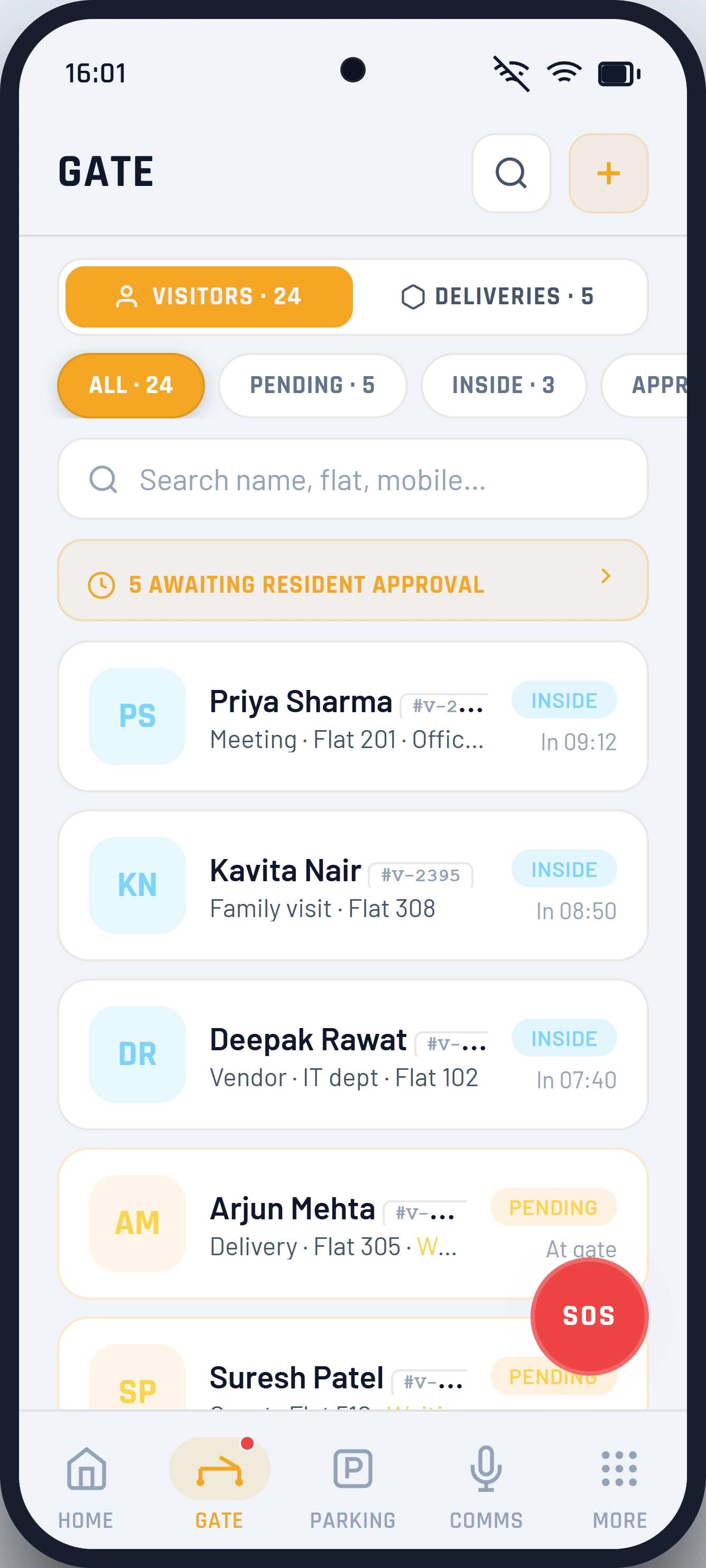 Guard app: visitors list with inside and pending status