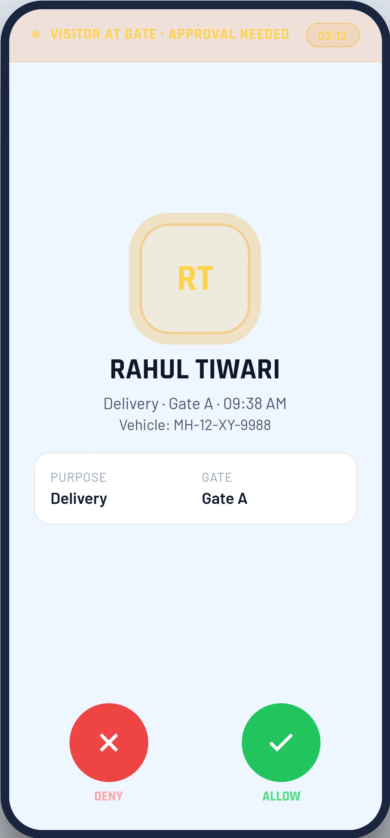 Resident app: visitor at gate approval screen with Allow and Deny buttons