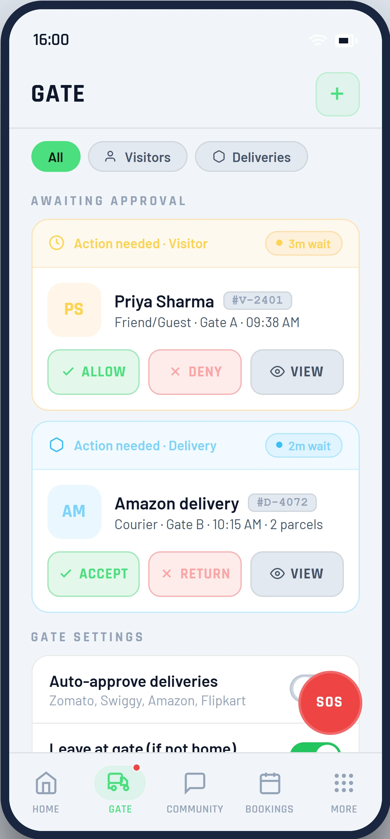 Resident app: gate screen with visitors and deliveries awaiting approval