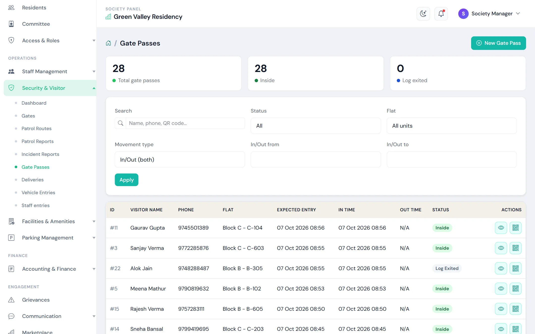 Gate passes list with visitor name, flat, entry time and status